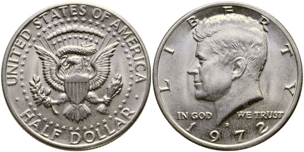 США 1/2 доллара (50 центов) 1972 D, Джон Кеннеди KM 202b медь плакированная медно-никелем 413-4415