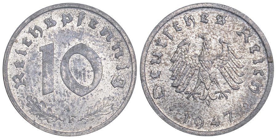 Германия 10 рейхспфеннигов 1947 F, оккупация Германии союзными войсками J. 375, KM A104 цинк aUNC 11-264-52