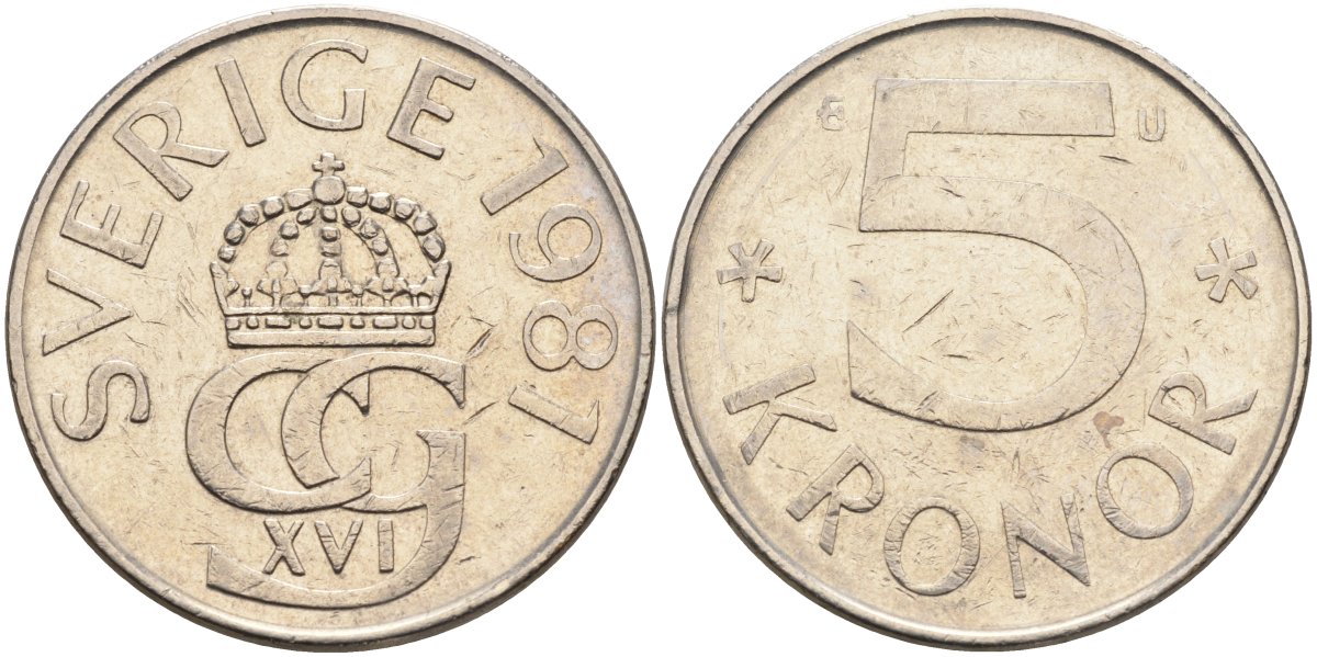 Швеция 5 крон 1987 D, Карл XVI Густав (1973- ) КМ 853 медно-никель 4367-1142