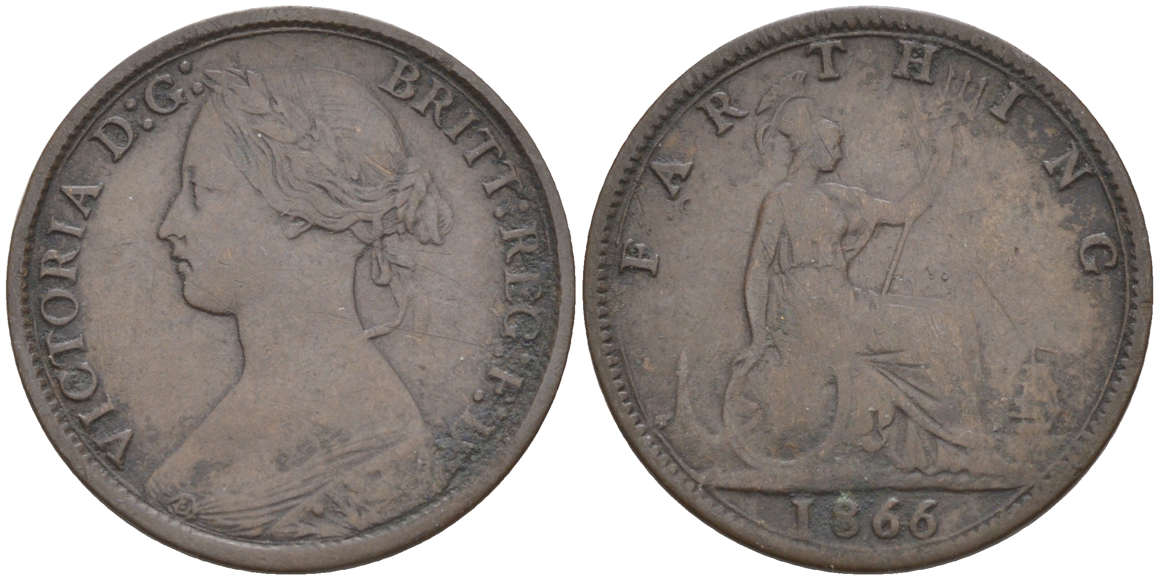 Великобритания 1 фартинг 1866 Виктория (1837-1901) KM 747.2, Spink 3958 бронза 63-237