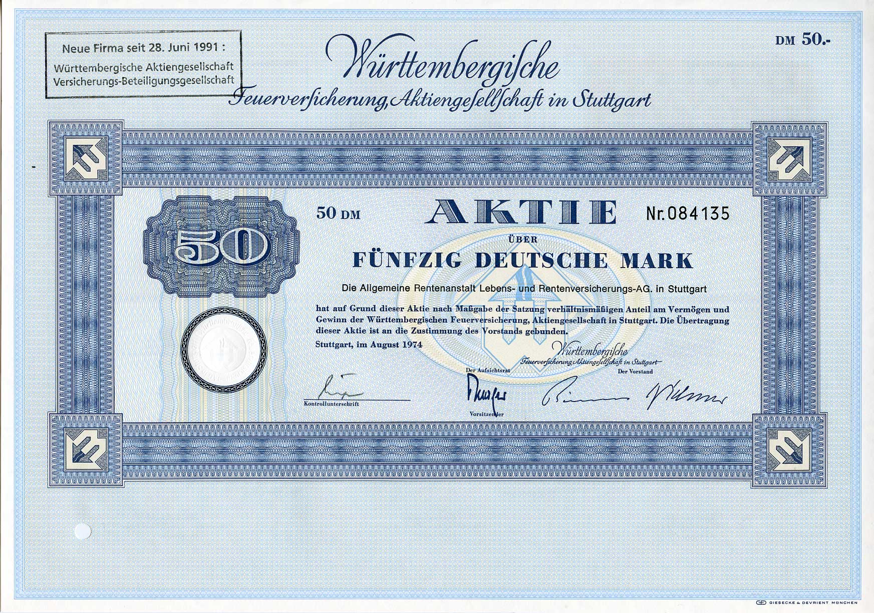 ФРГ 50 марок 1974 Акционерное общество по страхованию от пожаров Вюртемберга, акция   бумага   8803-80-1