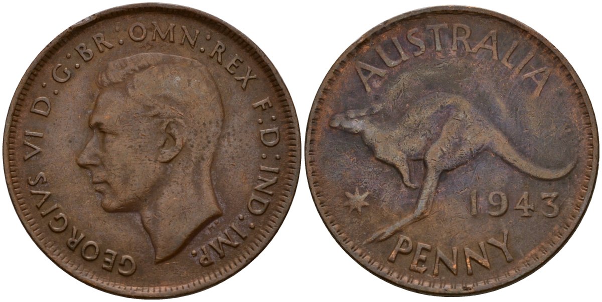 Австралия 1 пенни 1943 Георг VI (1937-1952), кенгуру KM 36 бронза 4599-345