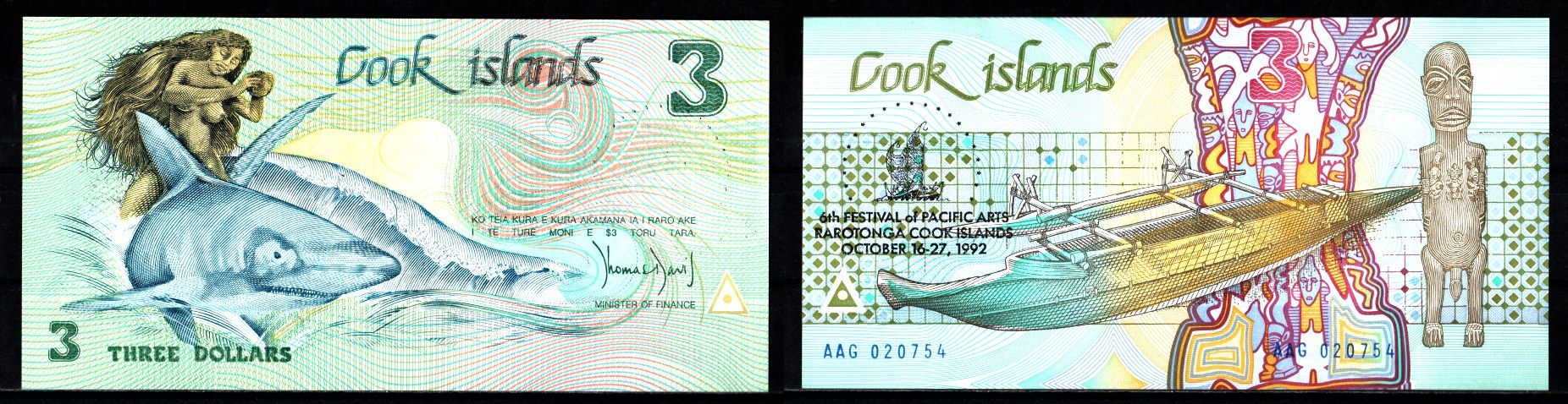 Острова Кука 3 доллара 1992 6-й Фестиваль тихоокеанских искусств на Раротонге Pick 6 бумага UNC (пресс) 8608-29-2-1