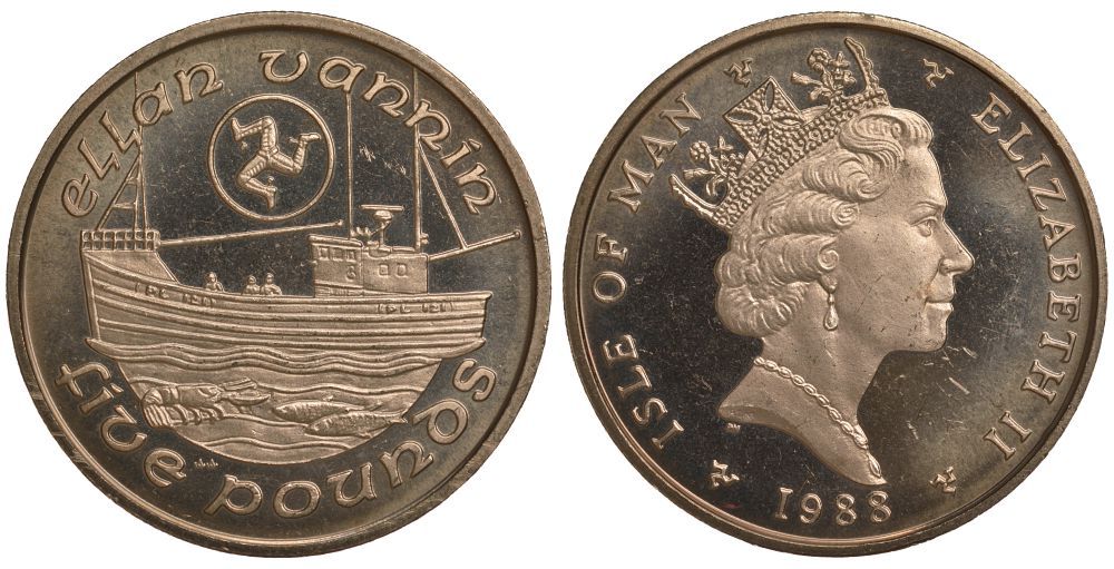 Остров Мэн 5 фунтов 1988 АА, рыбацкая лодка, рыбы, рак KM 215 вирениум UNC 00-00
