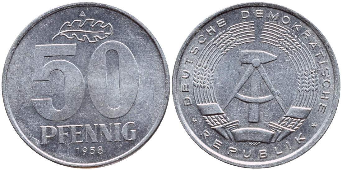 ГДР 50 ПФЕННИГОВ 1958 А KM 12.1 алюминий UNC 76-841