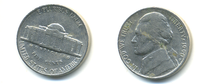 США 5 ЦЕНТОВ 1990 P, ДЖЕФФЕРСОН KM А192 медно-никель 179-745