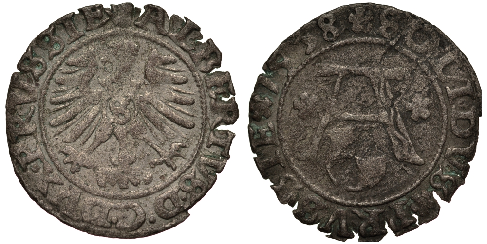 Бранденбург-Пруссия 1 шиллинг 1558 Альбрехт (1526-1568), вес 0,98 гр. серебро 1516-244