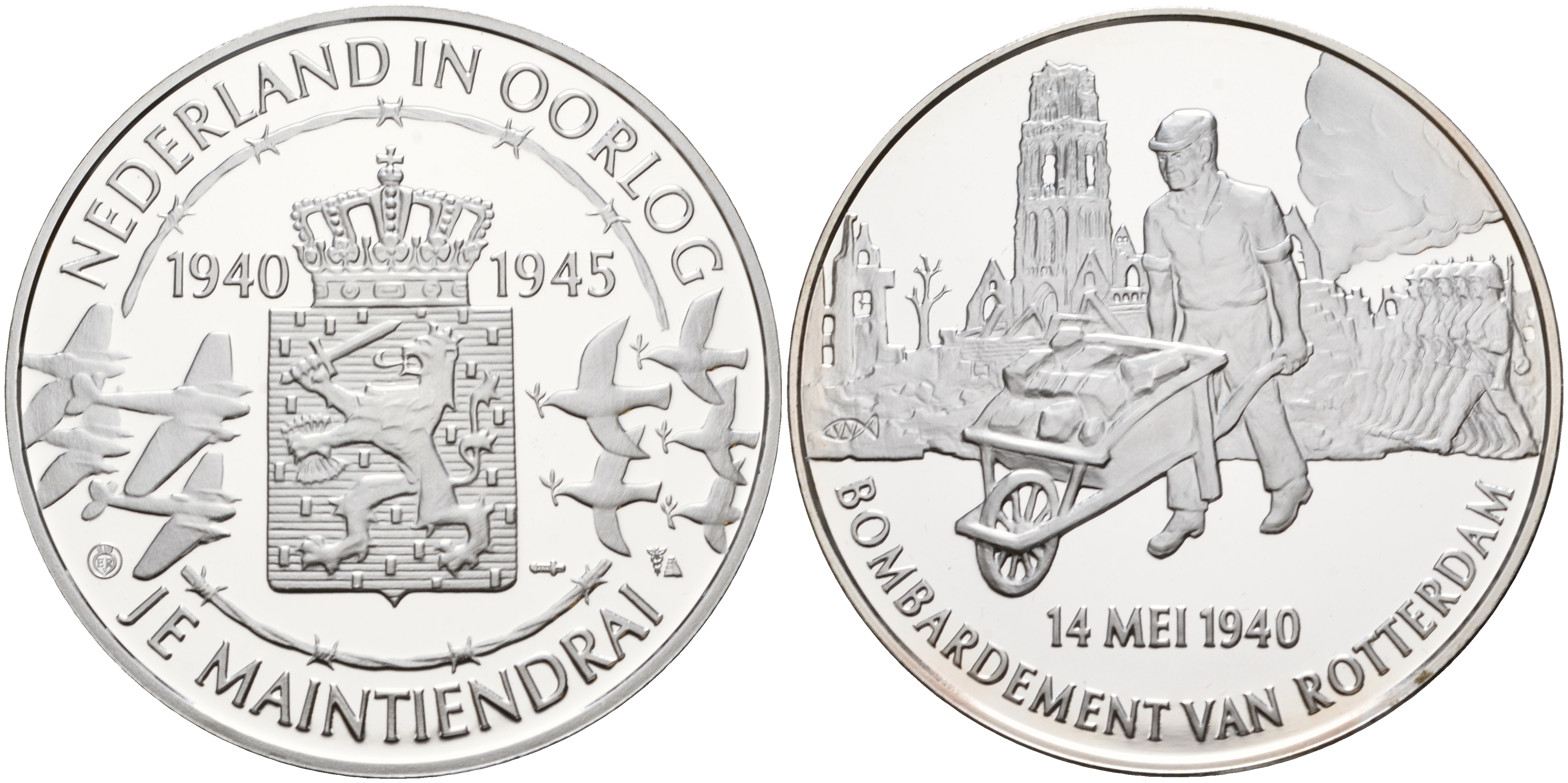 Нидерланды медаль ND Голландия в войне 1940-1945, бомбардировка Роттердама 14 мая 1940 года, 31,3 гр, 45,0 мм  серебро  PROOF  11-242-22