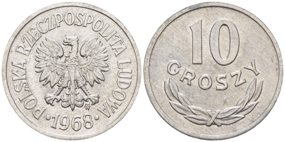 Польша 10 грошей 1968  Y AA47 алюминий  UNC   4181-1132