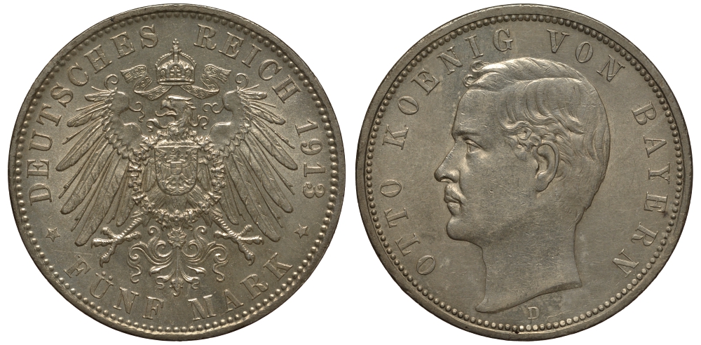 Бавария 5 марок 1913 D, Отто (1886-1913) Weege 47, J. 46, KM 512 серебро aUNC 00-816-42