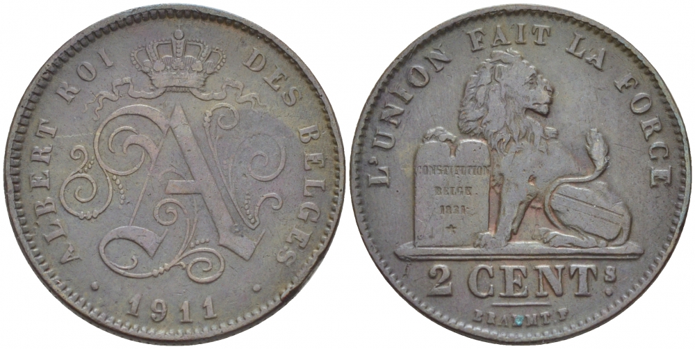 БЕЛЬГИЯ 2 САНТИМА 1911 BELGES KM 64 медь 110-212
