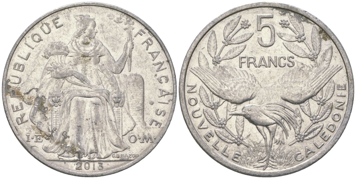 Французская Новая Каледония 5 франков 2013 птица кагу, (IEOM) KM 16, Schoen 12, Lec 81k алюминий 4117-113
