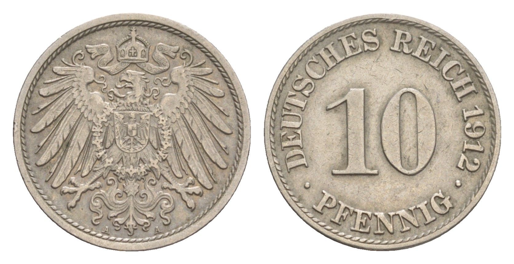 Германия 10 пфеннигов 1912 A, Вильгельм II (1888-1918) KM 12, J. 13 медно-никель 4647-919