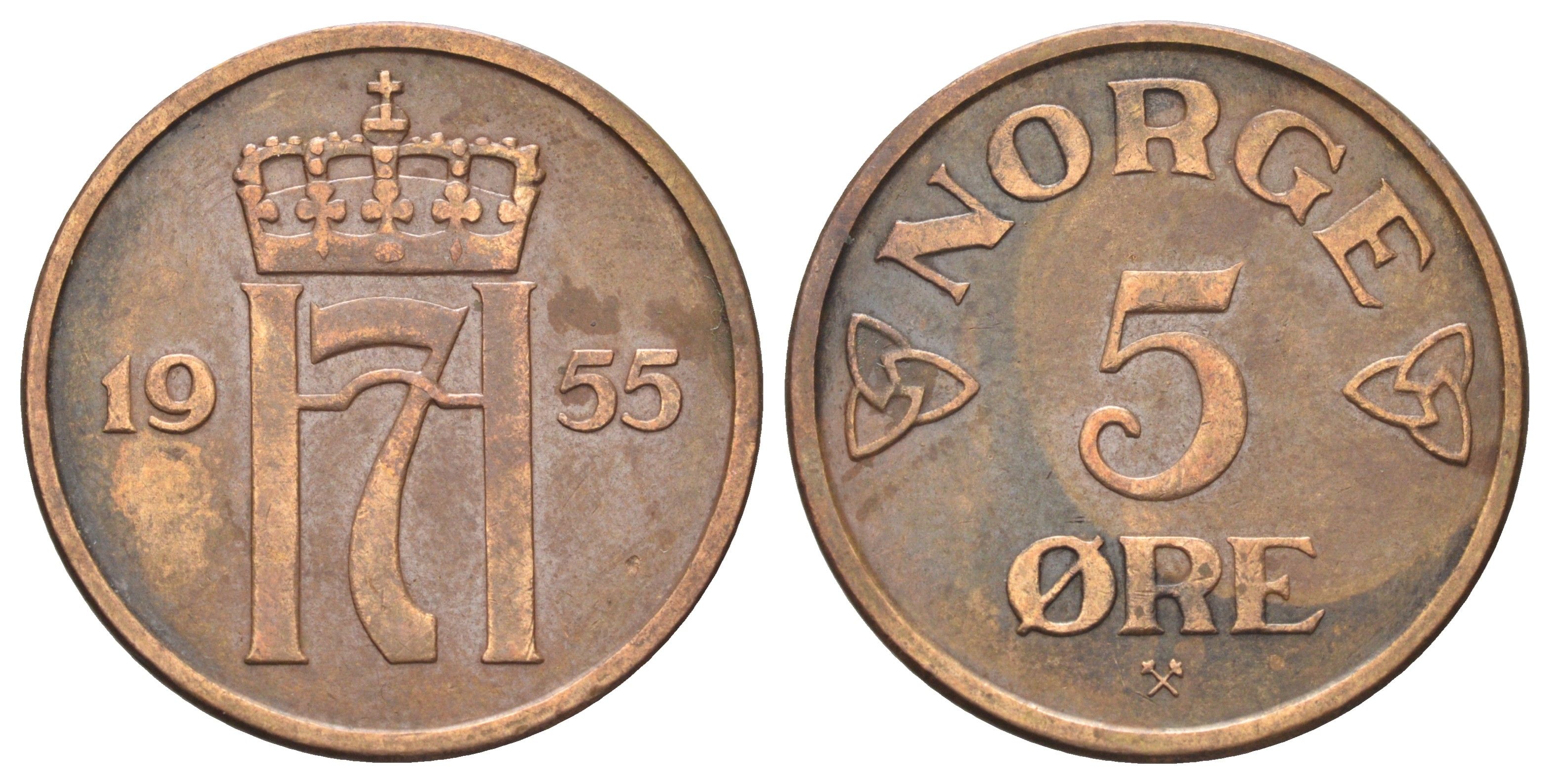 Норвегия 5 эре 1955 Хокон VII (1905-1957) KM 400 бронза 4700-744