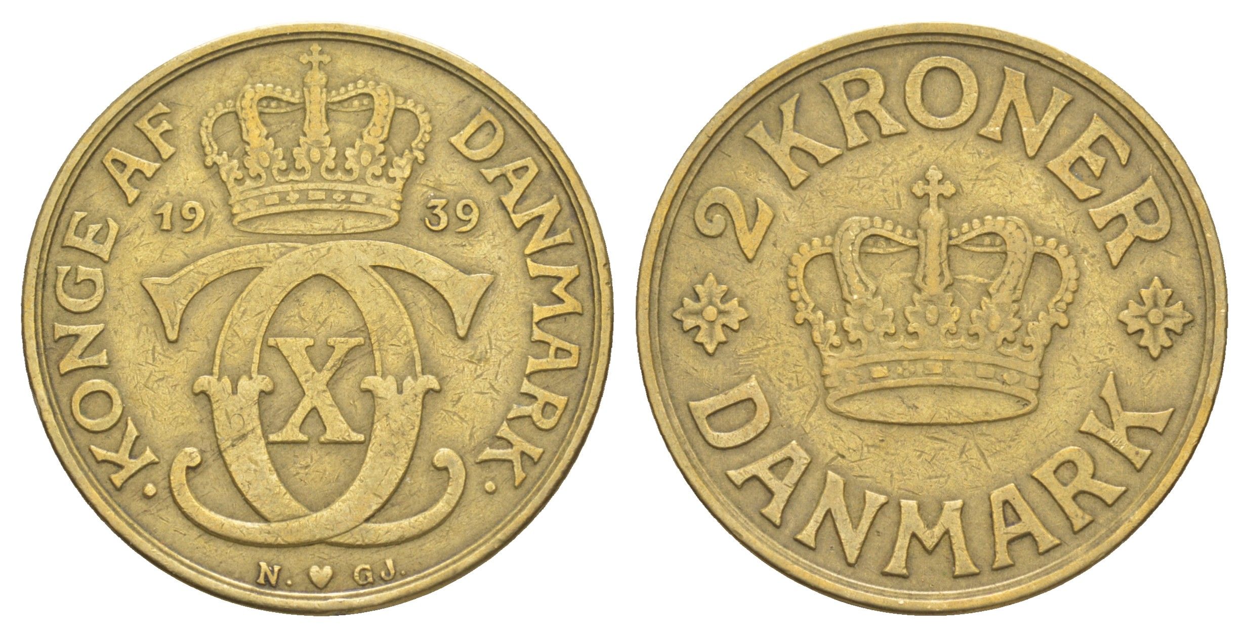 Дания 2 кроны 1939 N, Кристиан X (1912-1947) KM 825 алюминиевая бронза 4653-521