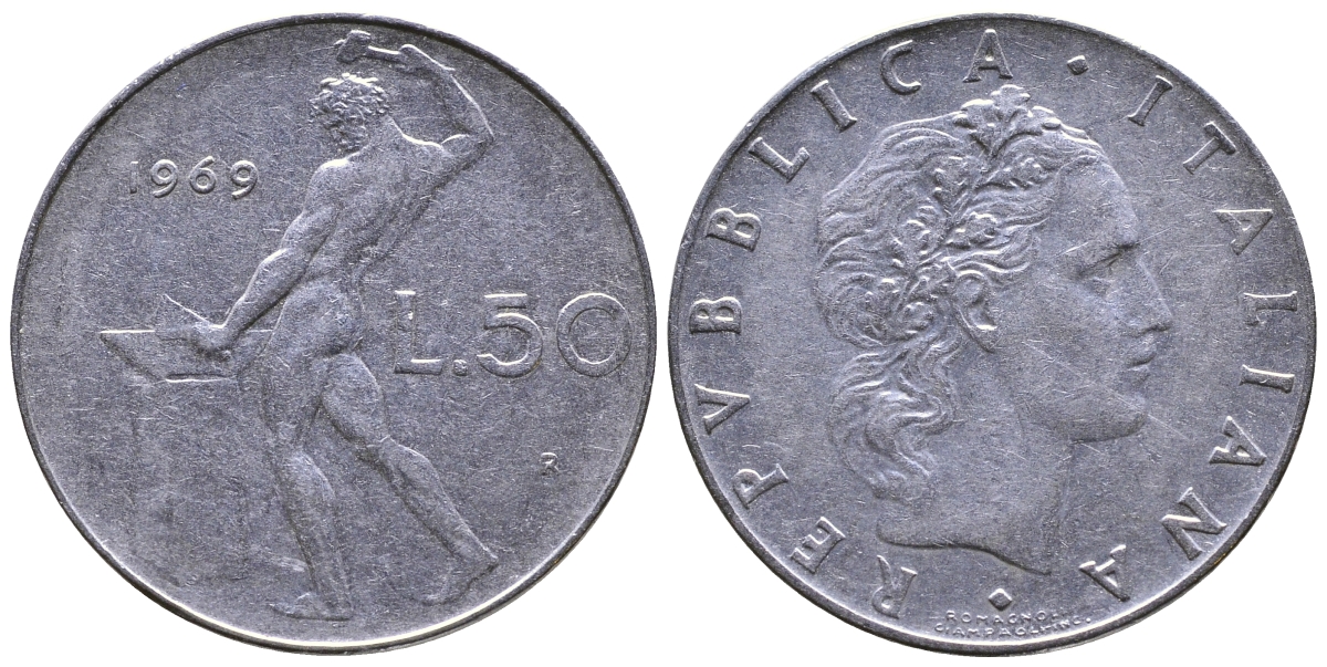 Италия 50 лир 1969 R, Вулкан (древнеримский бог огня) KM 95.1 нержавеющая сталь 4681-141
