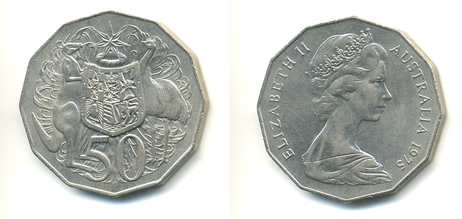 Австралия 50 центов 1975 Елизавета II (1952-2022), герб Австралии, кенгуру KM 68 медно-никель 47-113