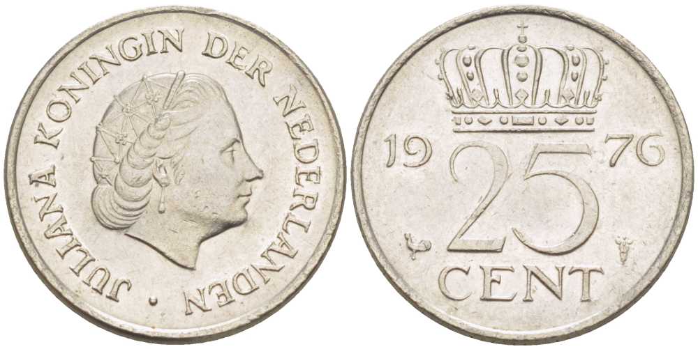 НИДЕРЛАНДЫ 25 ЦЕНТОВ 1976 ЮЛИАНА (1948-1980) KM 183 никель 214-1113