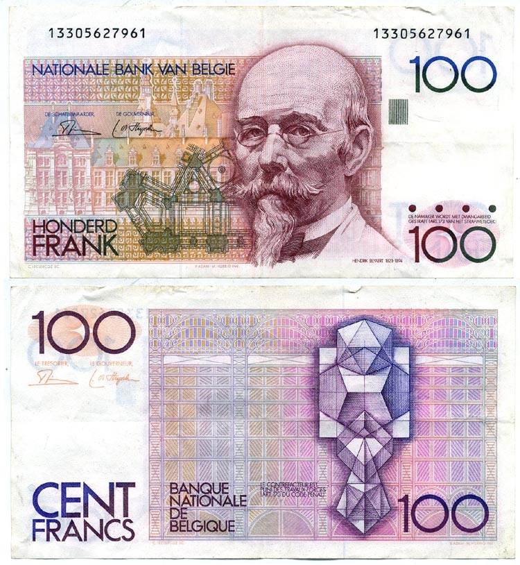 БЕЛЬГИЯ 100 ФРАНКОВ 1978-1981 ПОДПИСЬ (3 И 10), АРХИТЕКТОР ХЕНДРИК БЕЙЕРТ Pick 140а бумага 444-114-3