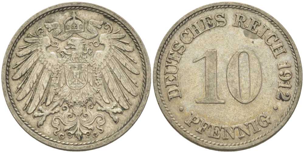 ГЕРМАНИЯ 10 ПФЕННИГОВ 1912 G KM 12, J. 13, Weege 8 медно-никель 212-225