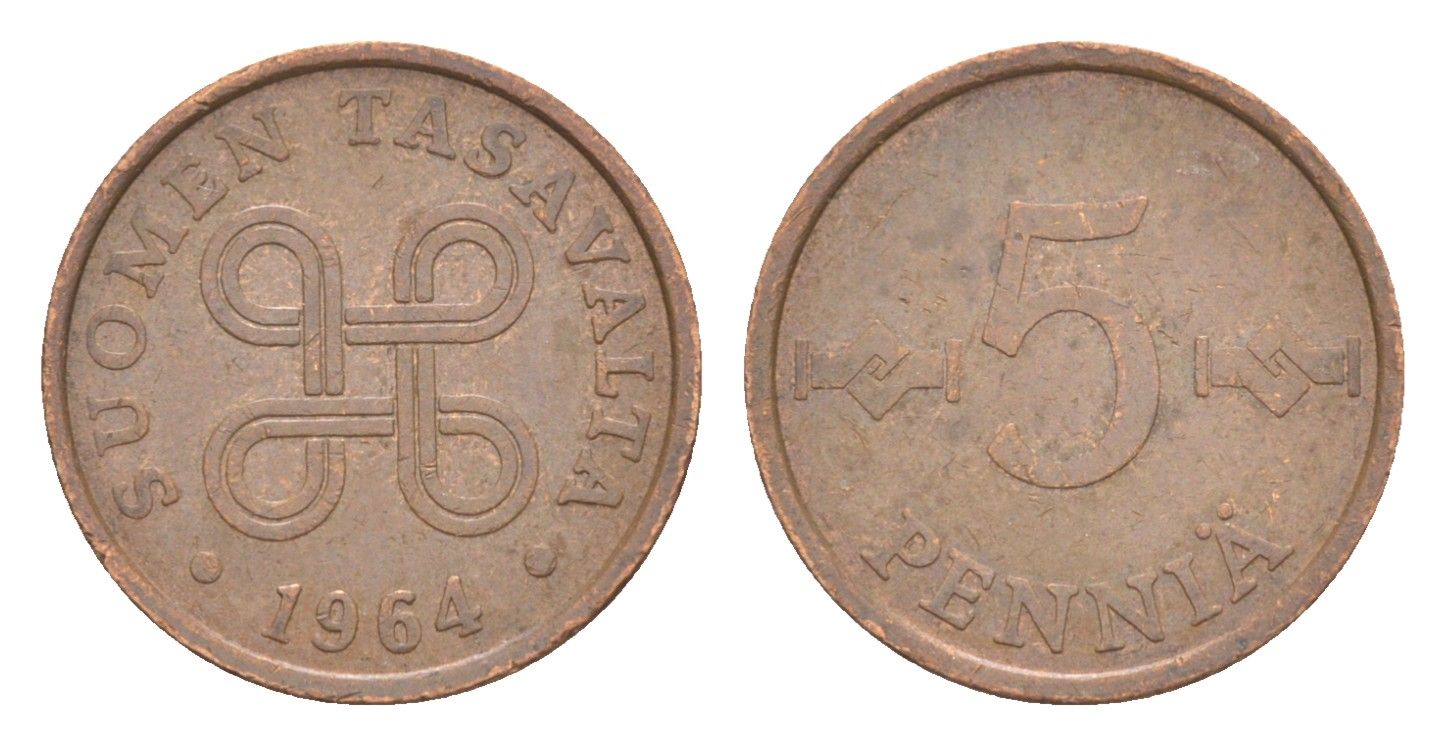 Финляндия 5 пенни 1964 KM 45 медь 4647-254