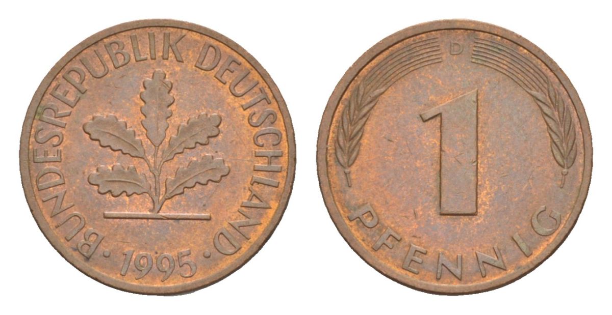 Германия 1 пфенниг 1995 D KM 105, J.380 сталь плакированная медью 4630-1235