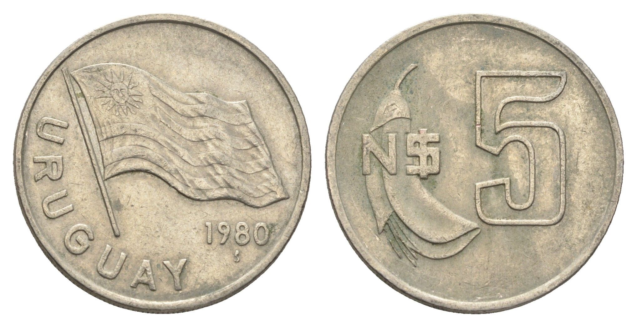 Уругвай 5 новых песо 1980 KM 75 медь никель цинк 4663-343