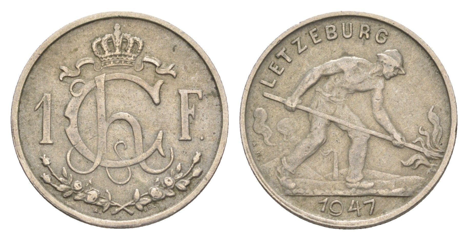 Люксембург 1 франк 1947 Шарлотта (1918-1964), сталевар KM 46.1 медно-никель 34-826