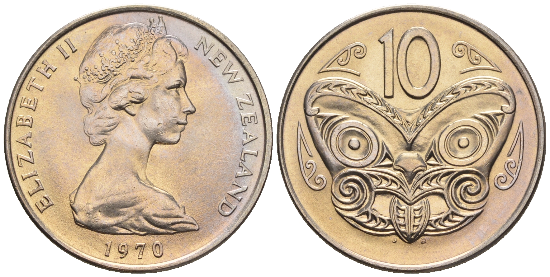 Новая Зеландия 10 центов 1970 Елизавета II (1952-2022), маска маори KM 41.1 медно-никель  UNC  4177-1216