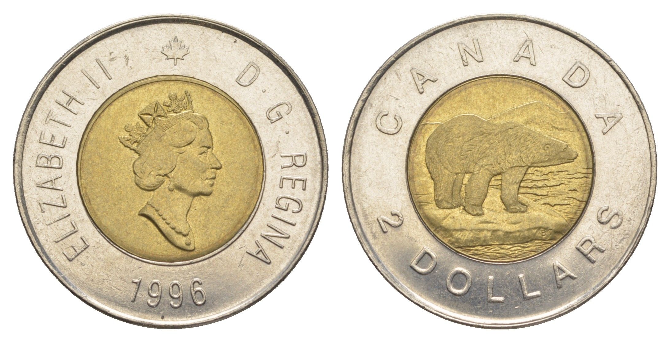 Канада 2 доллара 1996 Елизавета II (1952-2022), полярный медведь KM 270 биметалл UNC 4637-1027