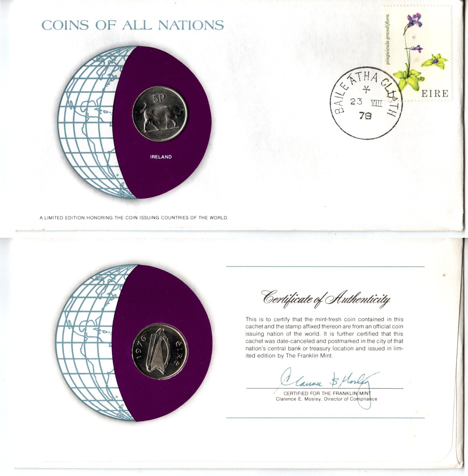 Ирландия 5 пенсов 1976 конверт с маркой первого дня гашения, Coins of Nations KM 22 медно-никель UNC 4295-11-3