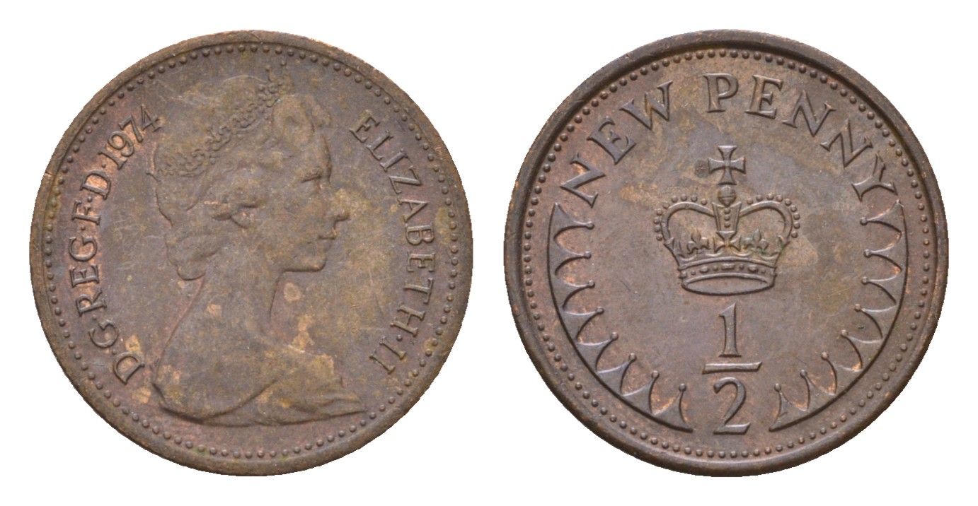 Великобритания 1/2 пенни 1974 Елизавета II (1952-2022) KM 914, Spink 4239 бронза 4708-341
