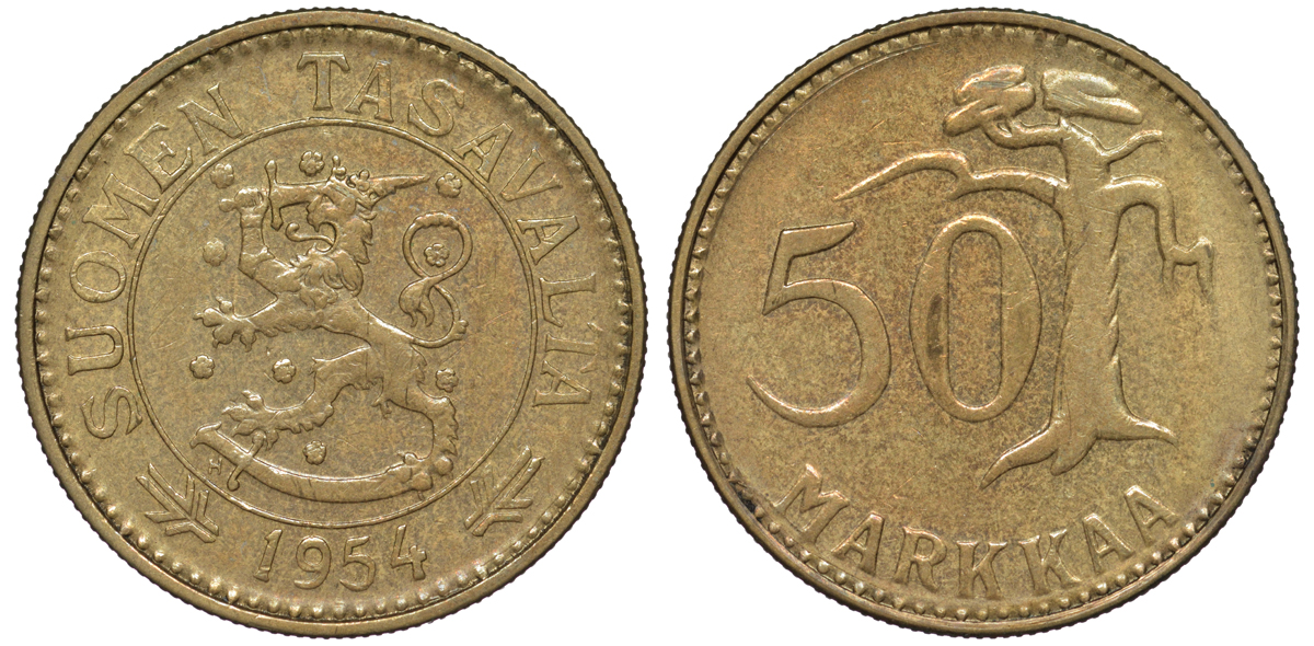 ФИНЛЯНДИЯ 50 МАРОК 1954 H KM 40 алюминиевая бронза 3334-754
