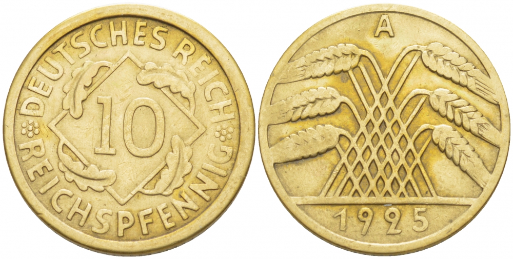 ГЕРМАНИЯ 10 РЕЙХСПФЕННИГОВ 1925 A KM 40, J.317 алюминиевая бронза 3996-1165