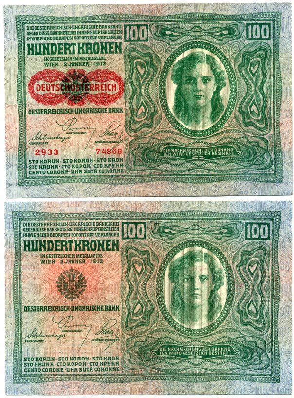 Австрия 100 крон 1912 (1919) красная надпечатка на Pick 12, на аверсе Pick 56 a бумага 7146-3-3