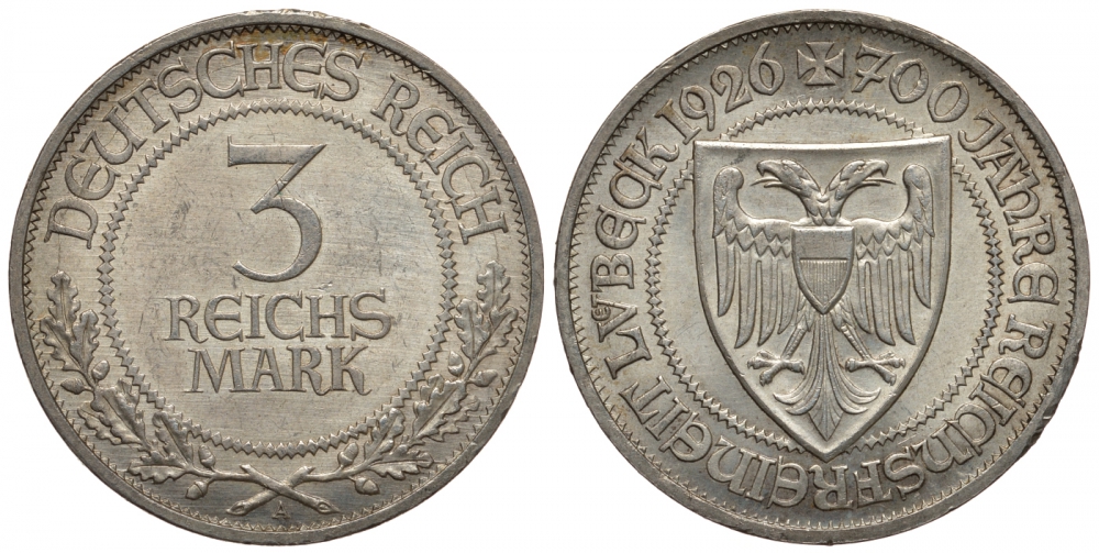 Германия 3 марки 1926 A, 700 лет свободному городу Любек J. 323, KM 49 серебро 00-819-24