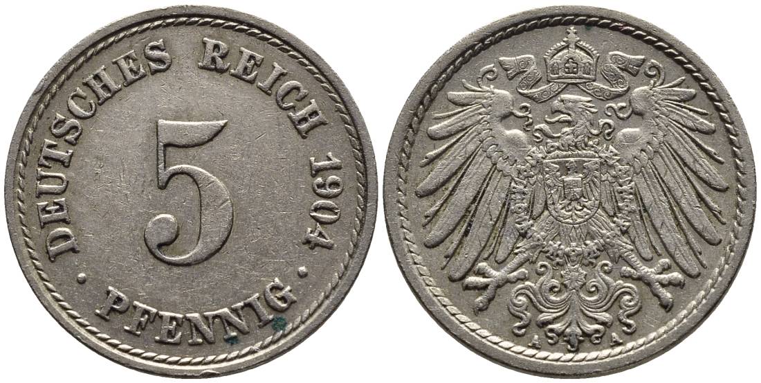ГЕРМАНИЯ 5 ПФЕННИГОВ 1904 A KM 11, Jager 12, Weege 6 медно-никель 4547-436