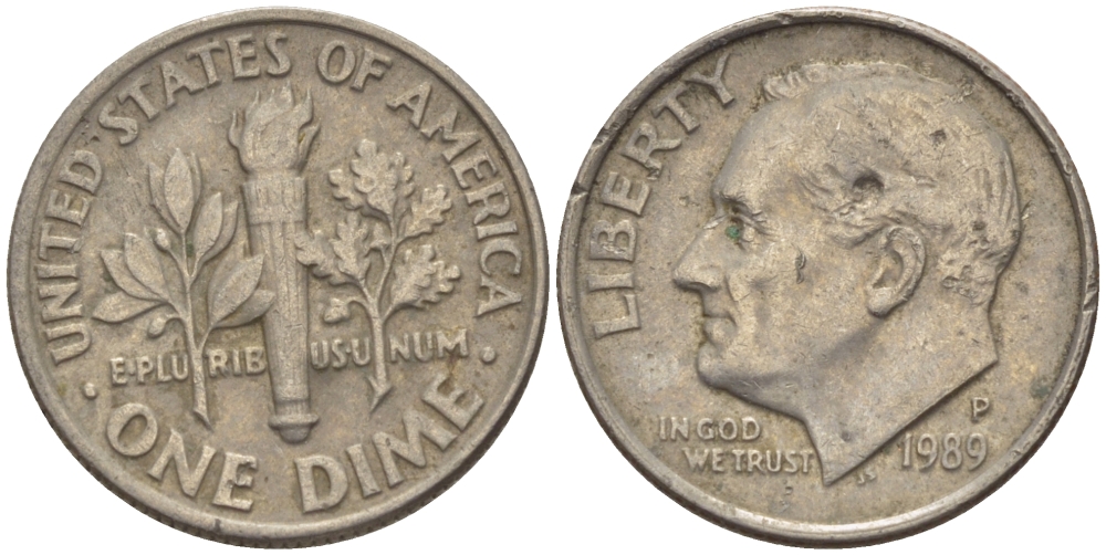 США 10 ЦЕНТОВ = 1 ДАЙМ 1989 P, РУЗВЕЛЬТ KM 195а медь плакированная медно-никелем 66-1123