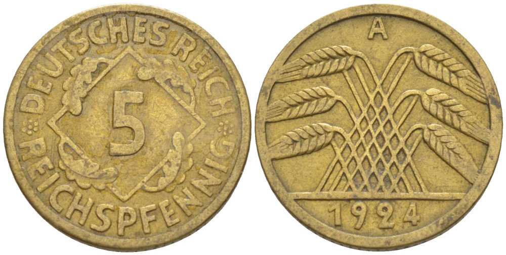 ГЕРМАНИЯ 5 РЕЙХСПФЕННИГОВ 1924 A KM 39, J. 316, Weege 7 алюминиевая бронза 211-544