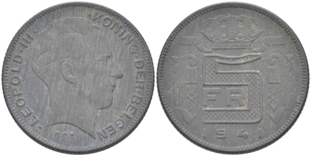 БЕЛЬГИЯ 5 ФРАНКОВ 1941 BELGEN, ГЕРМАНСКАЯ ОККУПАЦИЯ, ВТОРАЯ МИРОВАЯ ВОЙНА KM 130 цинк 217-133