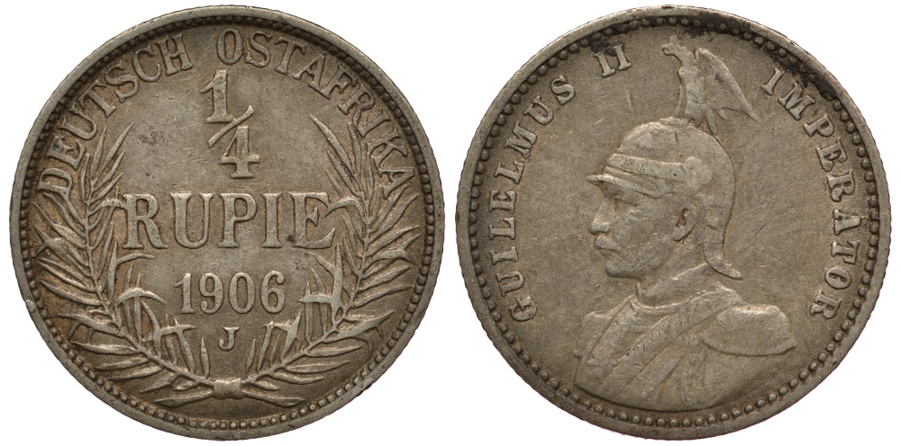 Немецкая Восточная Африка (Танзания) 1/4 рупии 1906 J, Ost-Africa, Вильгельм II Jaeger 720, KM 8 серебро 5010-622