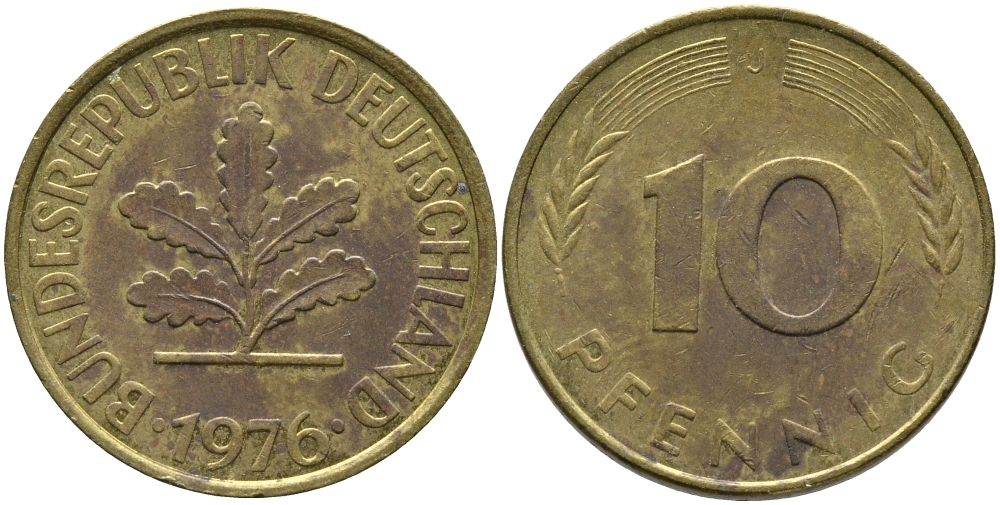 ФРГ 10 ПФЕННИГОВ 1976 J KM 108, J.383 сталь плакированная латунью 98-512