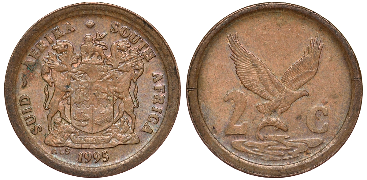 ЮАР 2 цента 1995 орел с рыбой KM 133 сталь плакированная медью 4164-534