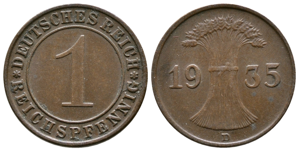 Германия 1 рейхспфенниг 1935 D KM 37, J. 313 бронза 220-119