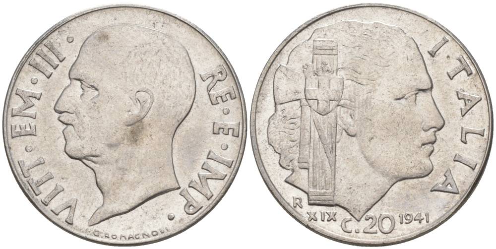 ИТАЛИЯ 20 ЧЕНТЕЗИМО 1941 R, ГОД XIX, ВИКТОР ЭММАНУИЛ III (1900-1946) KM 75b, VEM3. 1028 нержавеющая сталь 3853-716