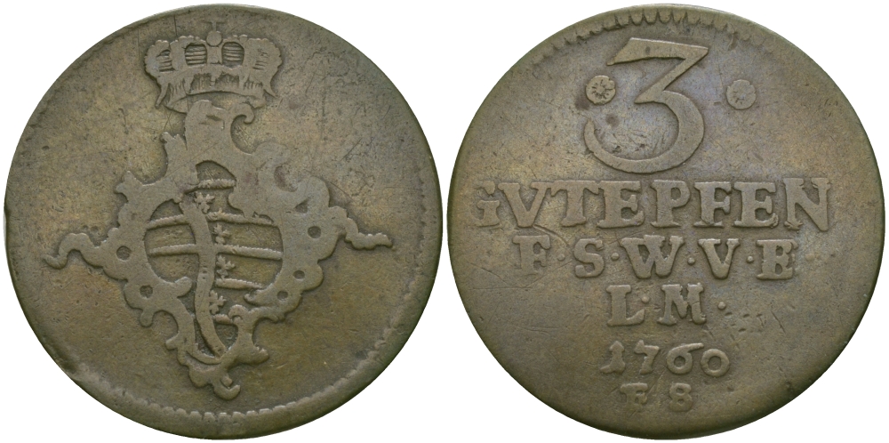 Саксен-Веймар-Эйзенах 3 пфеннига 1760 FS, Анна Амалия Брауншвейгская (1758-1775) KM 34, Koppe 593, Slg. Merseburger 3999 медь 65-557