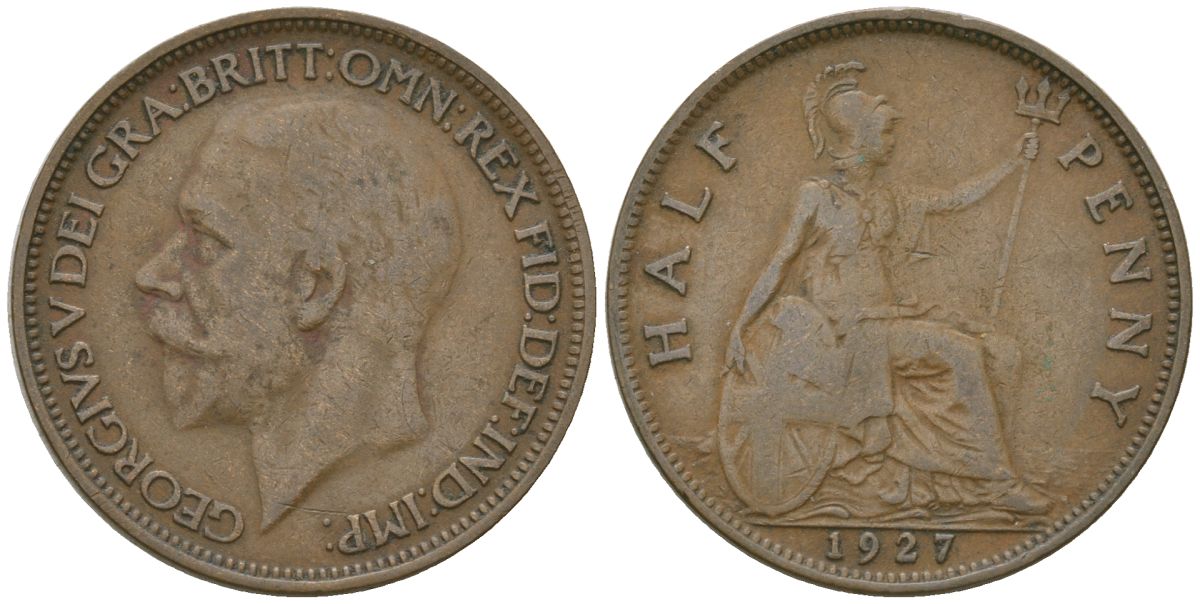 Великобритания 1/2 пенни 1927 Георг V (1910-1936) KM 824, Spink 4057 бронза 4163-1026