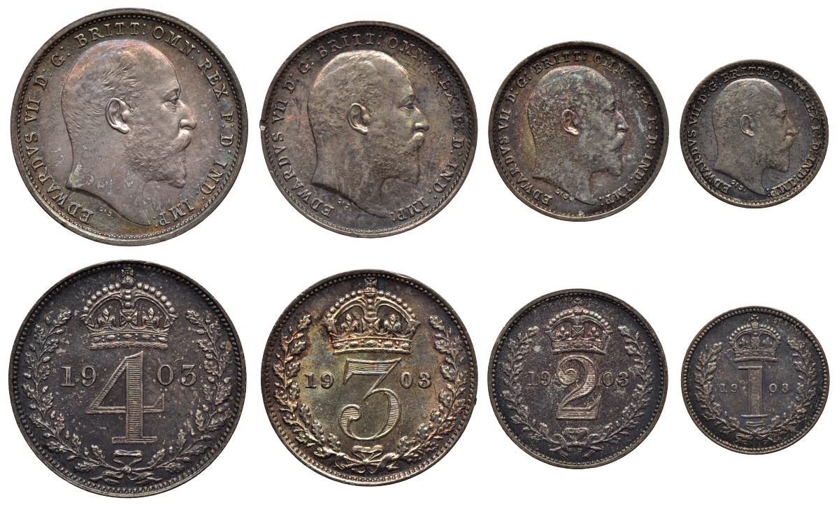 Великобритания набор из 4 монет 1903 1, 2, 3 и 4 пенса, Манди сет, в оригинальной коробке Spink 3985 серебро 00-803-58