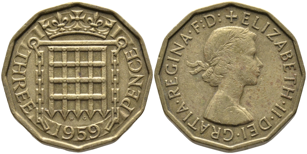 Великобритания 3 пенса 1959 Елизавета II (1952-2022) KM 900, Spink 4153 никель латунь 65-943