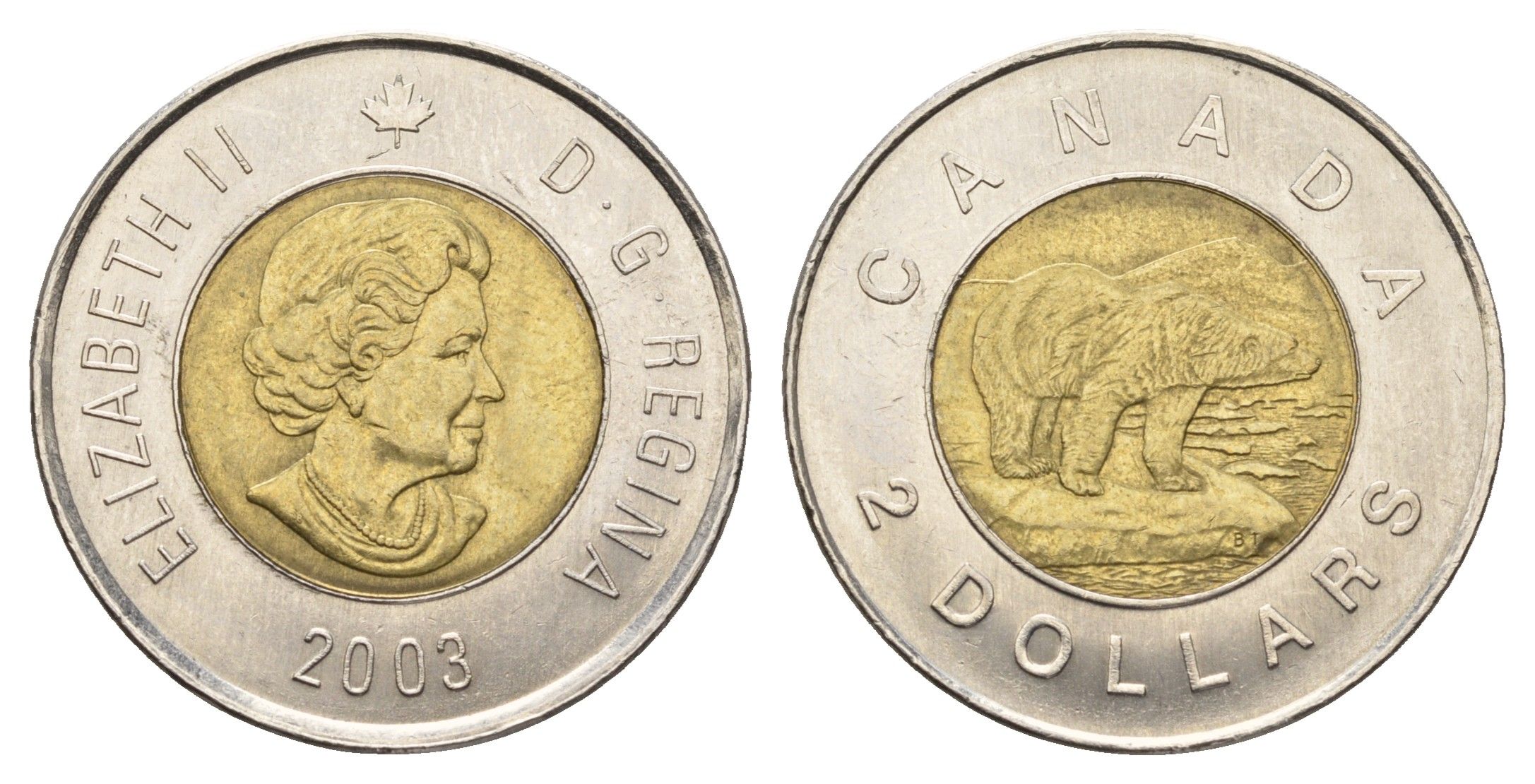 Канада 2 доллара 2003 Елизавета II (1952-2022), полярный медведь KM 496 биметалл 4678-1243